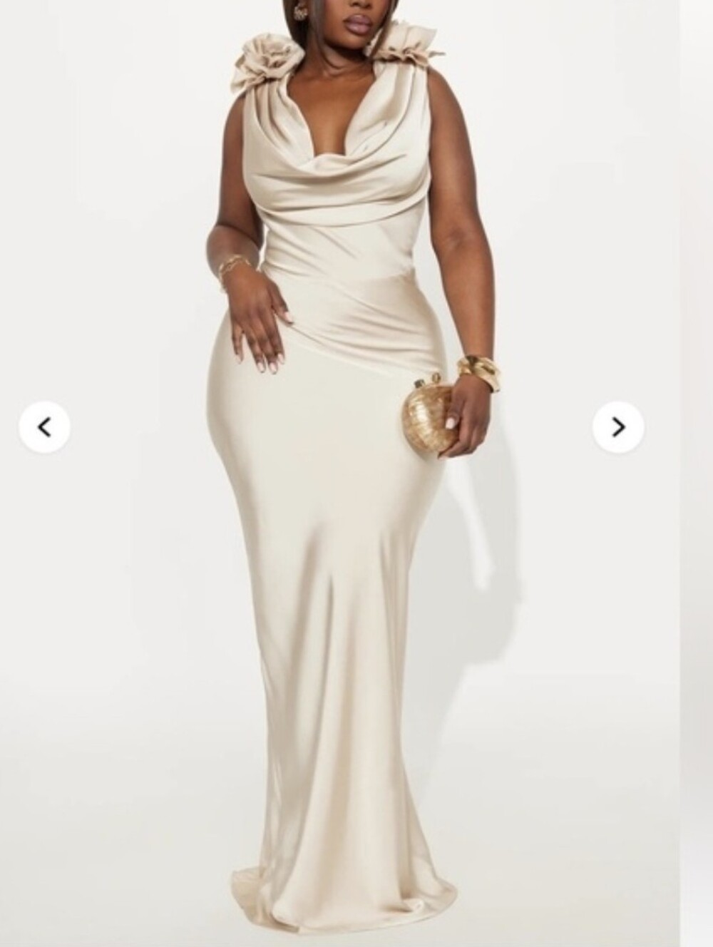 Elegant Cream Cowl Neck Evening Gown with Shoulder Rosettes